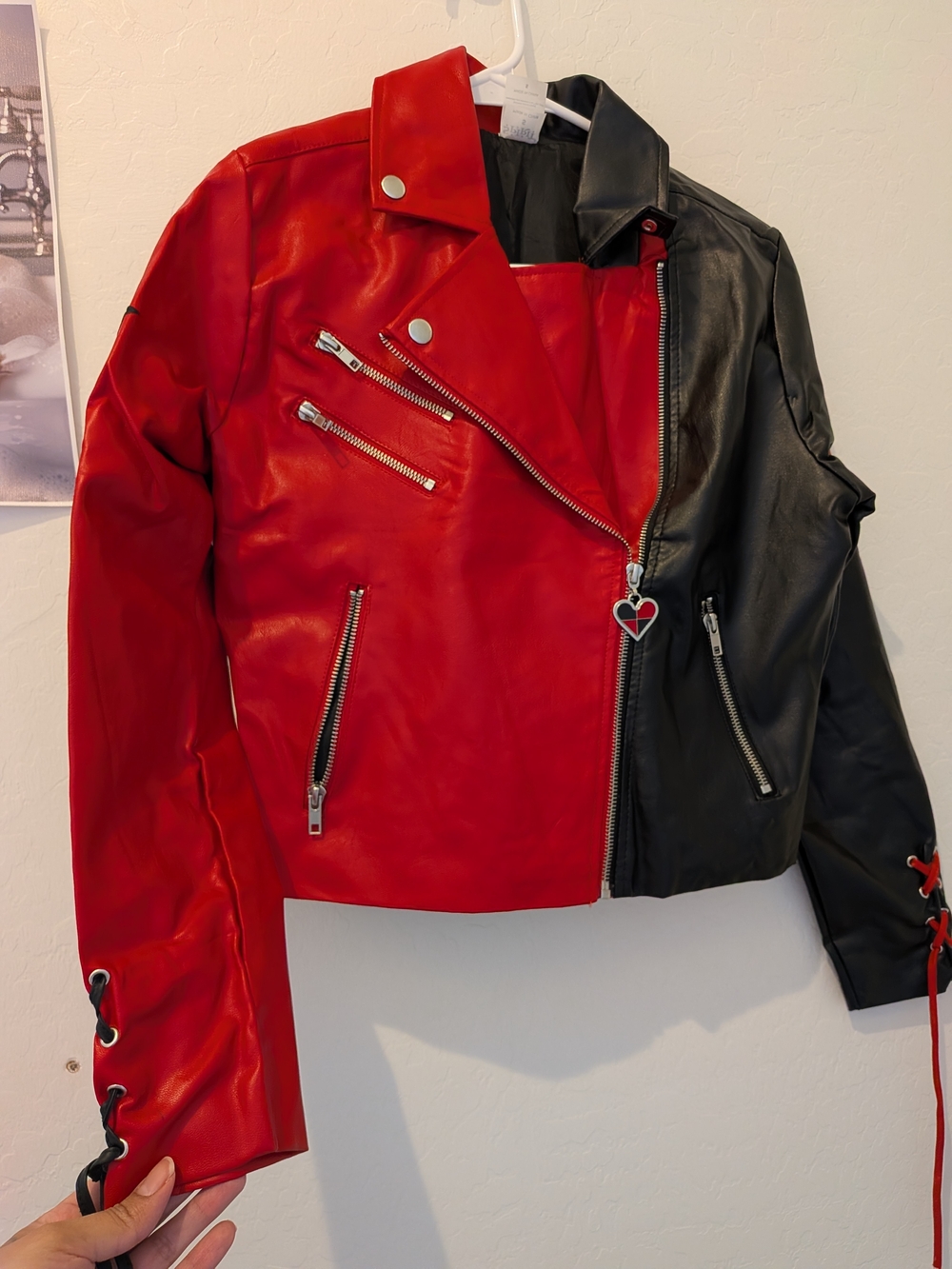 “Harley Quinn Inspired Red Black Faux Leather Moto Jacket Cropped Lace Up Sleeve